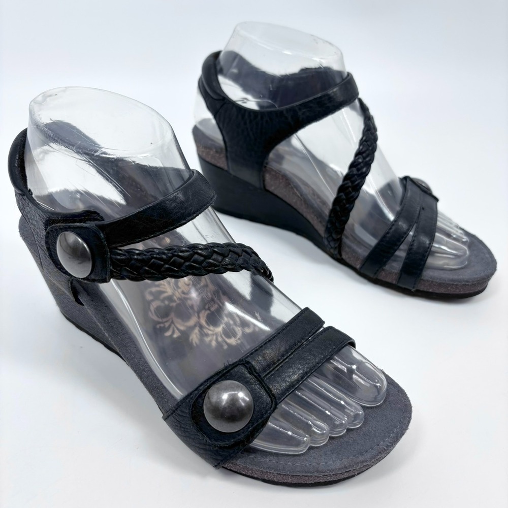 Aetrex Naya Wedge Sandals Shoes 6 - 6.5 / 36 Black Leather Braided Strap Comfort